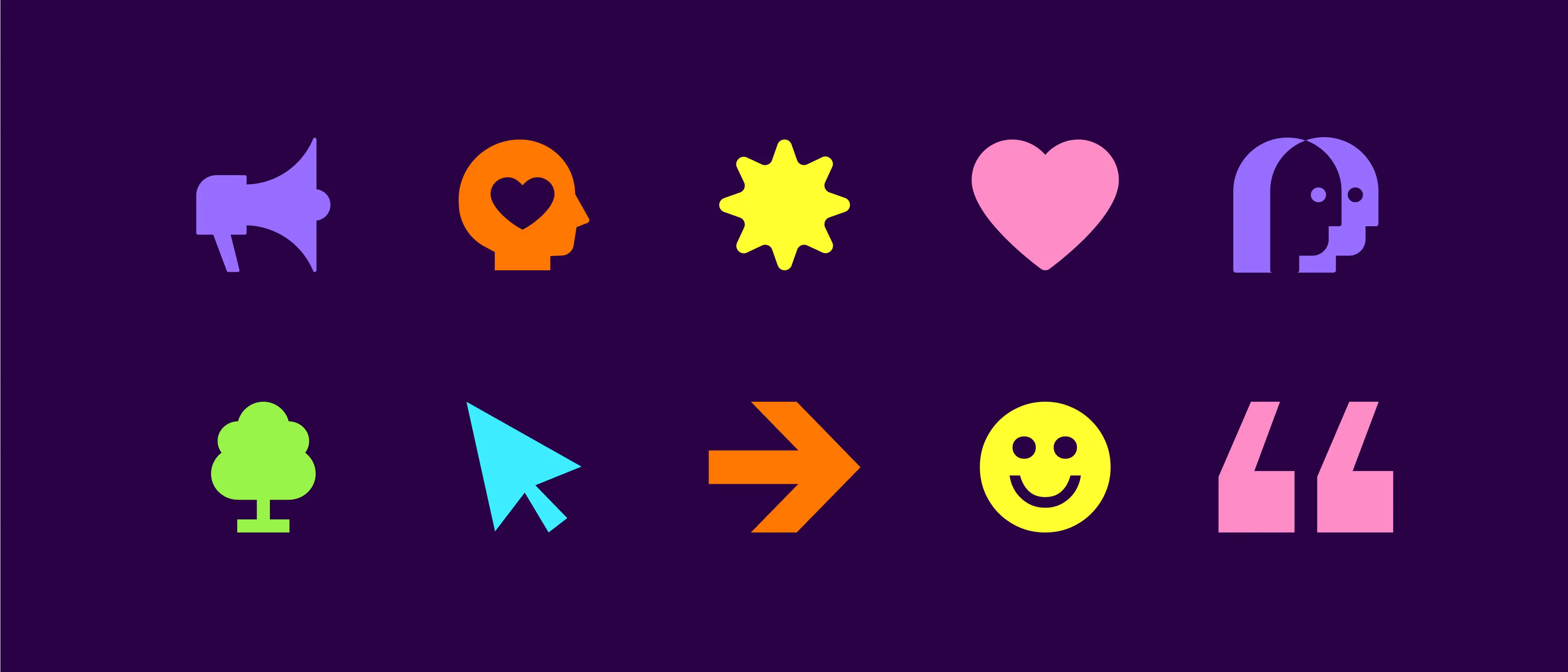 Various vibrant colored icon examples on a purple background.