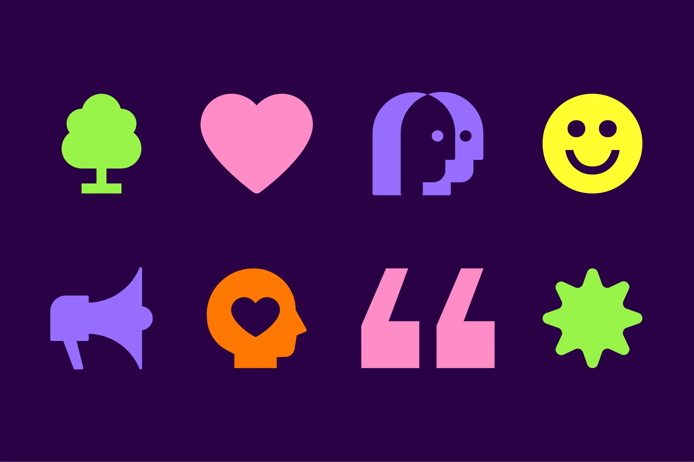 Various vibrant colored icon examples on a purple background.