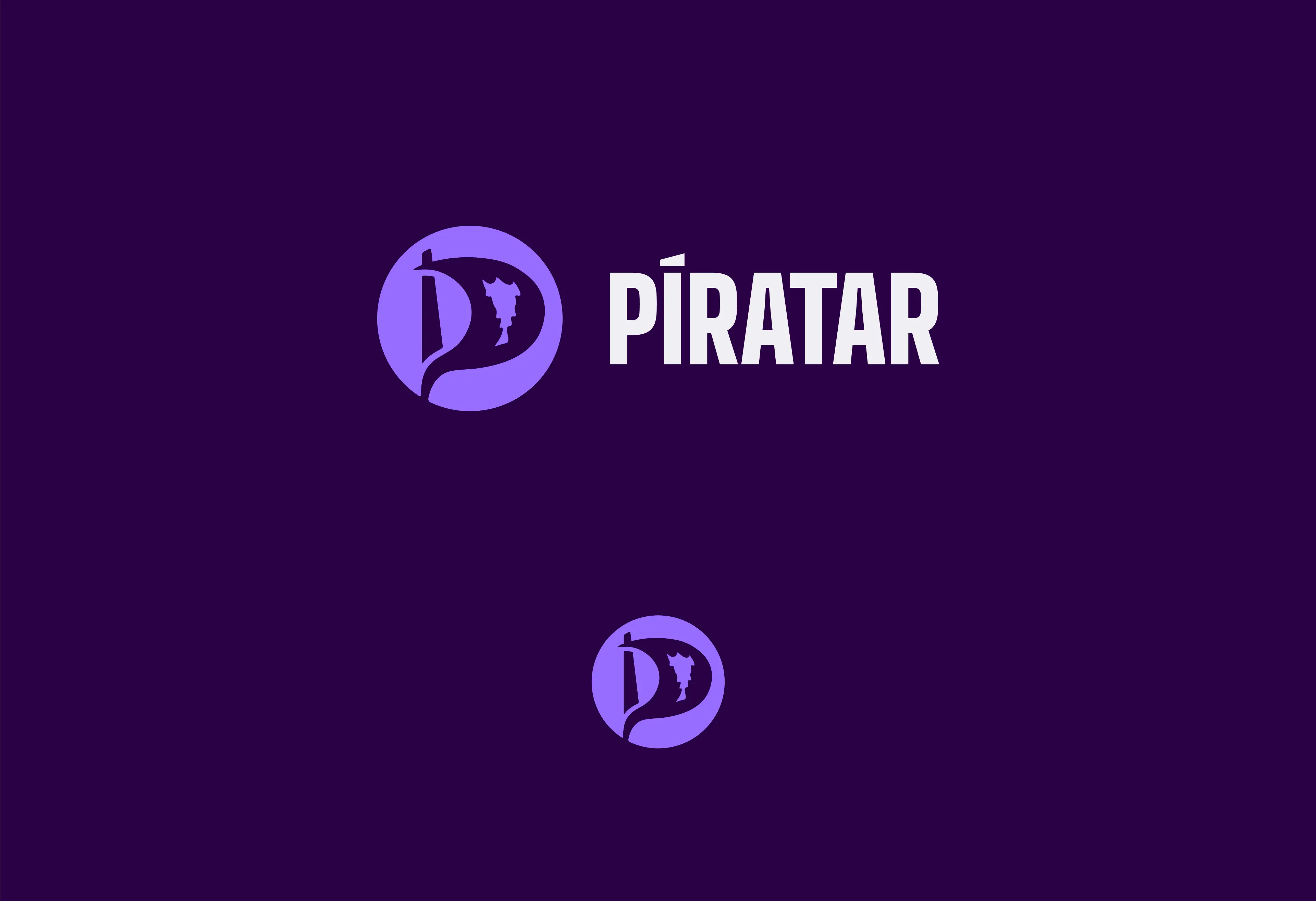 Primary Píratar logo and logomark on a purple background.