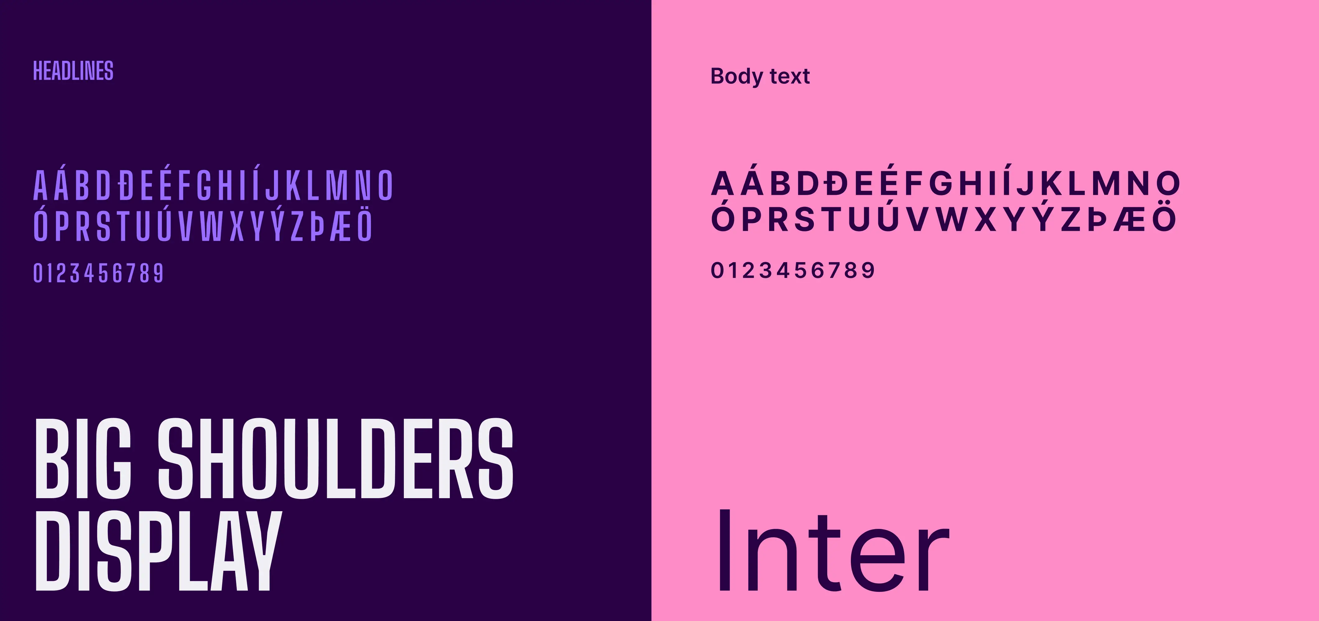 Big Shoulders Display font and Inter font shown on a pink and purple backgrounds.