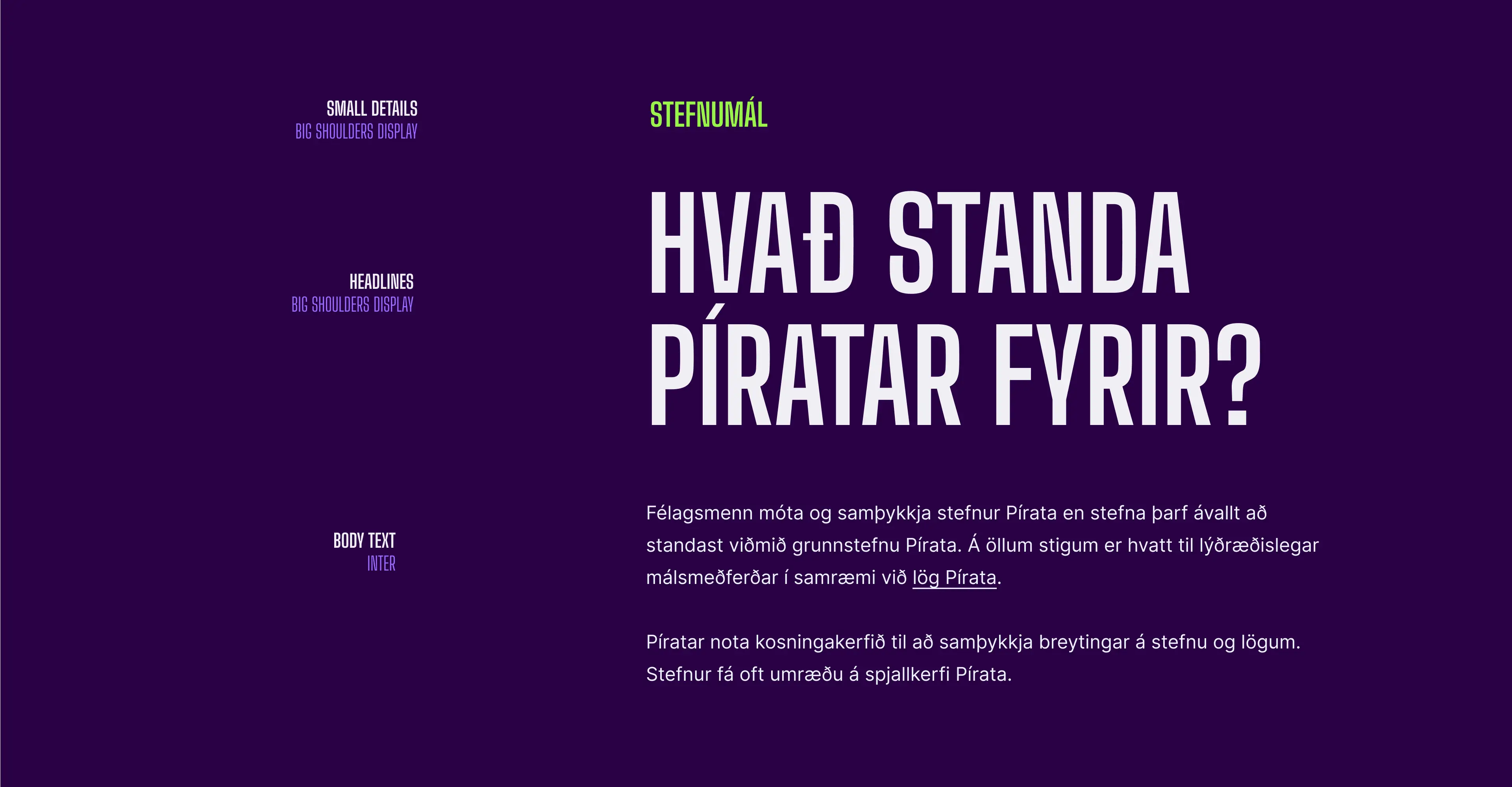 Font usage example on a purple background, featuring white and green Icelandic text.
