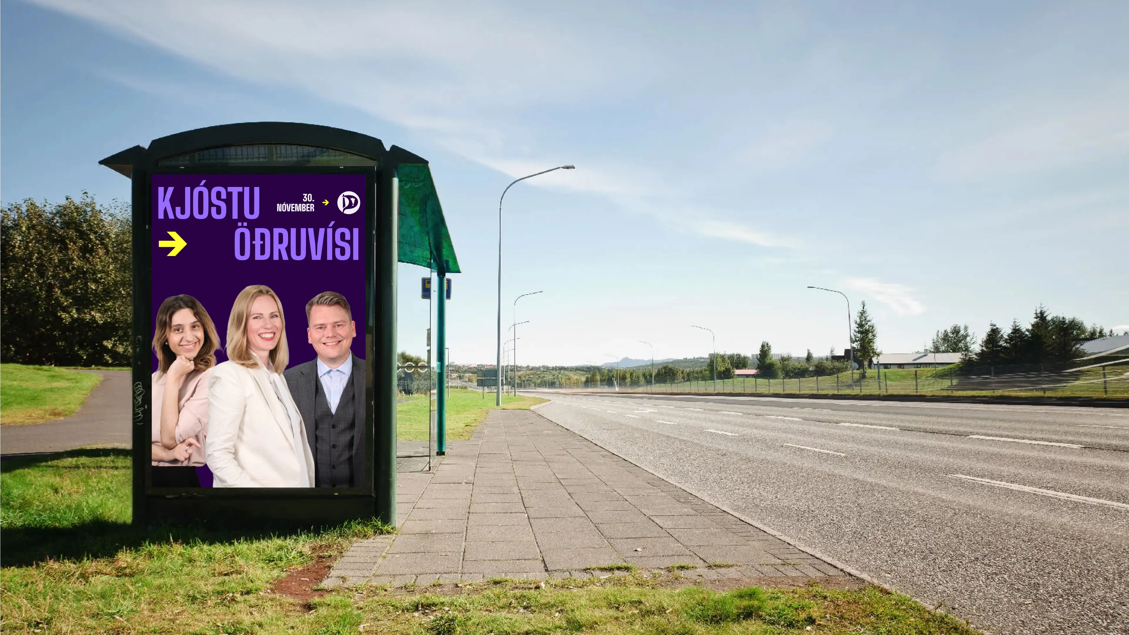A public bus shelter advertisement featuring smiling people and purple Icelandic text.