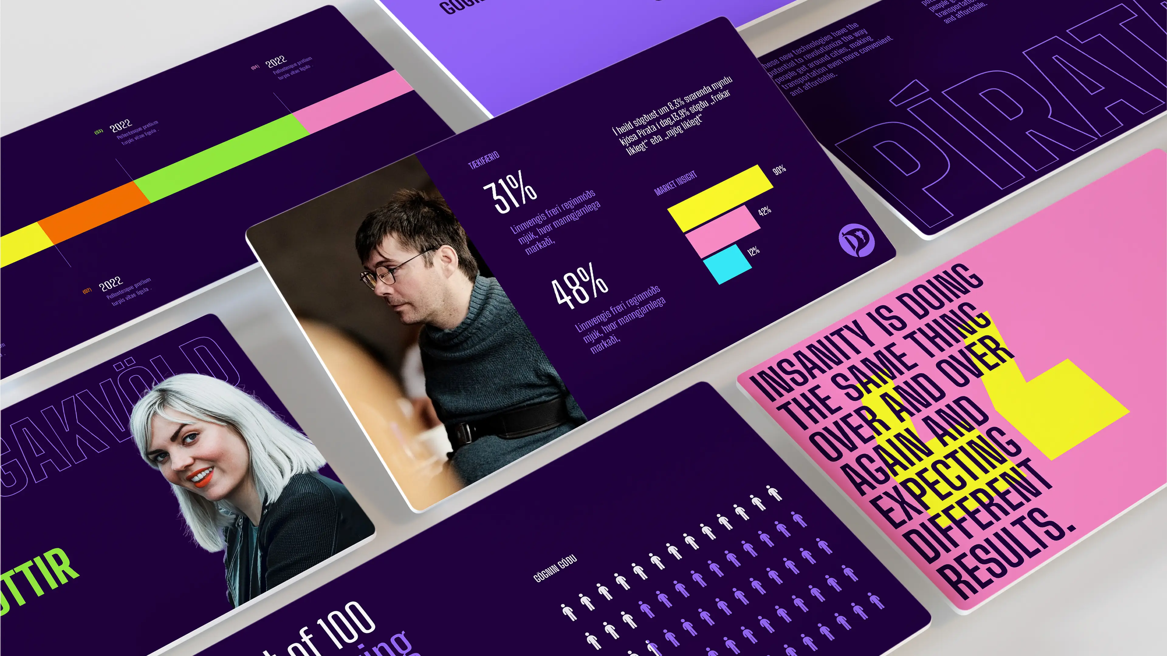 Diverse purple and pink presentation slides with engaging visualizations, people, and text.
