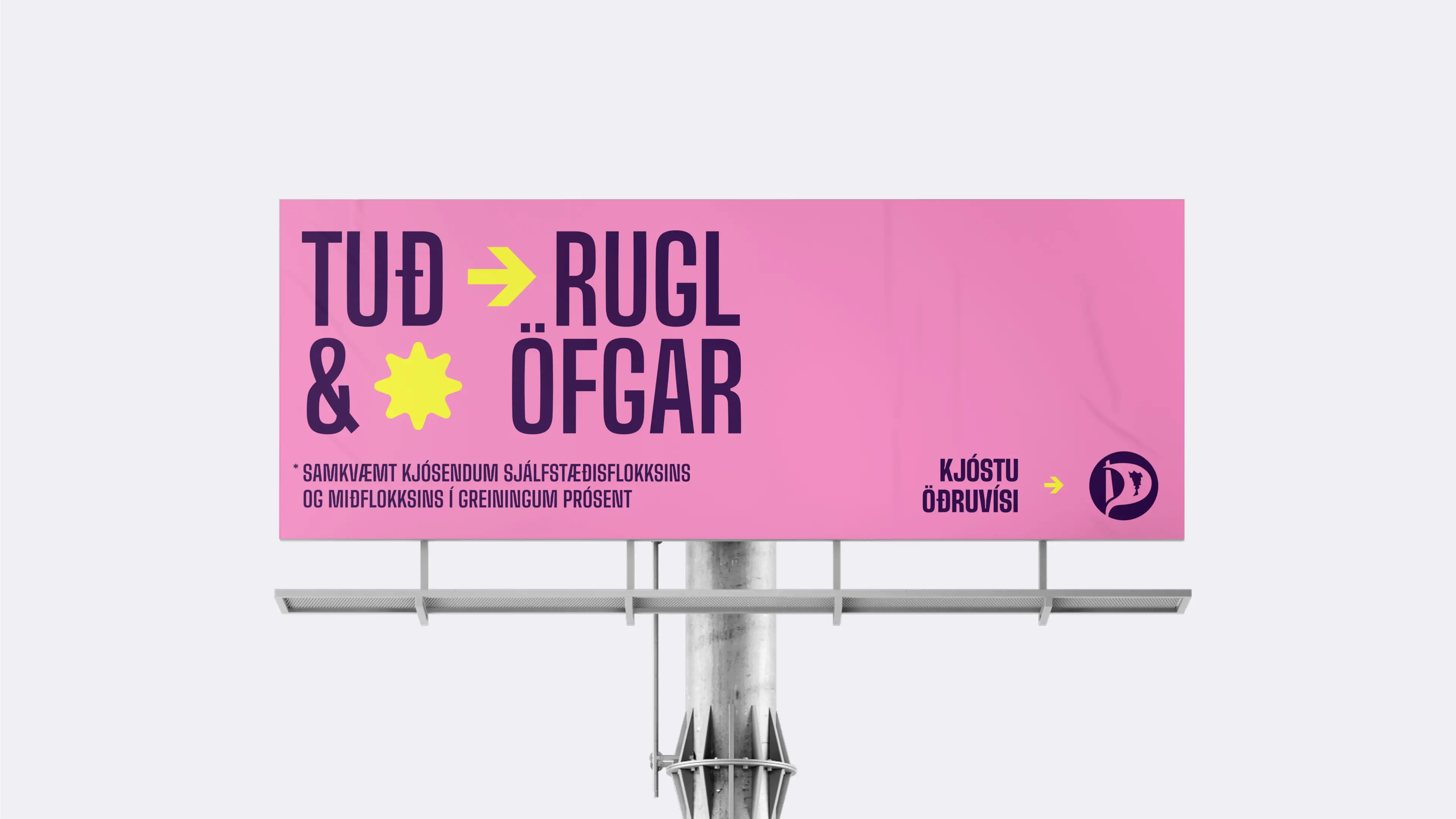 Large outdoor billboard features vibrant pink colors and Icelandic text.