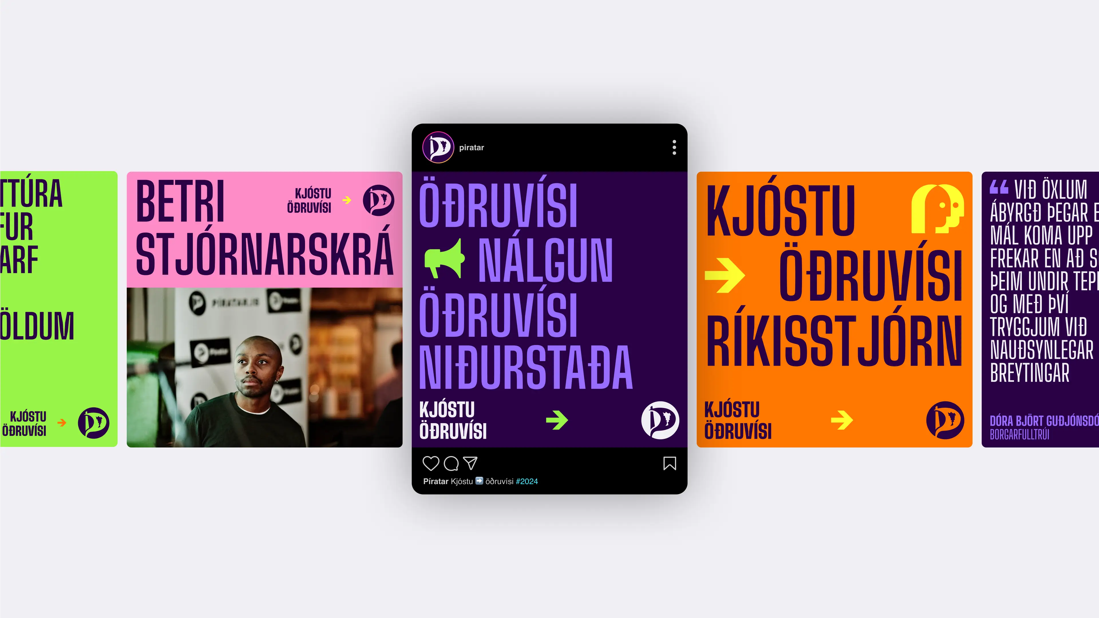 Social posts in mobile advertising banners with vibrant colorful graphics and Icelandic messages.