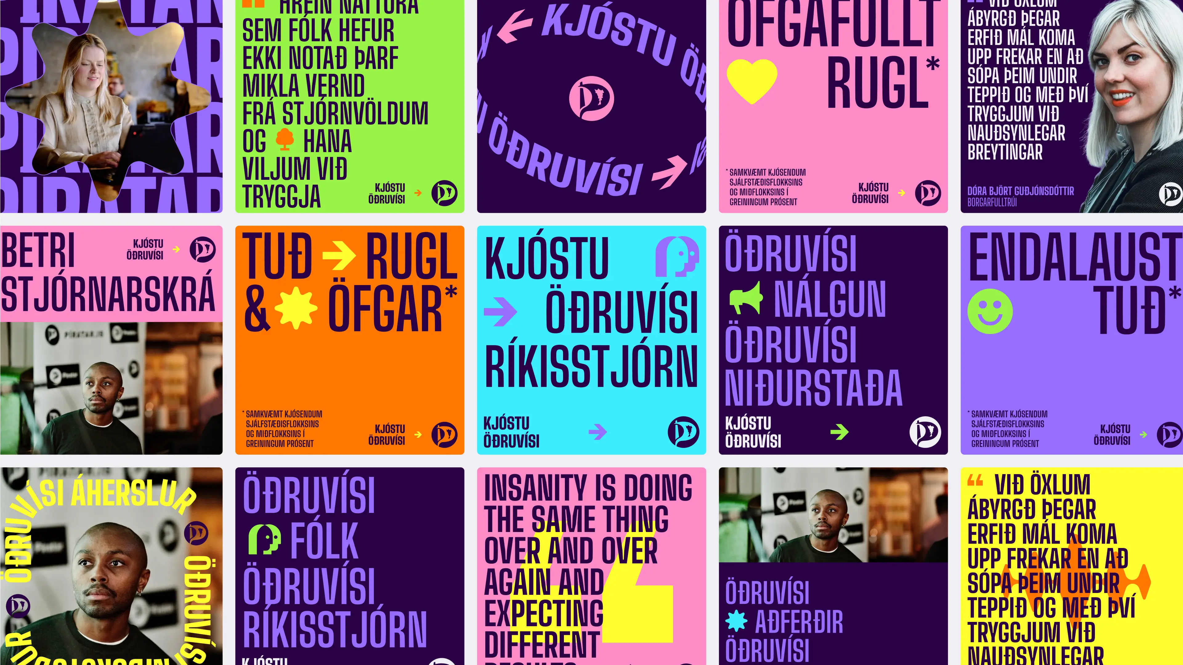Diverse examples of social posts with vibrant backgrounds, Icelandic text, and inclusive representation.