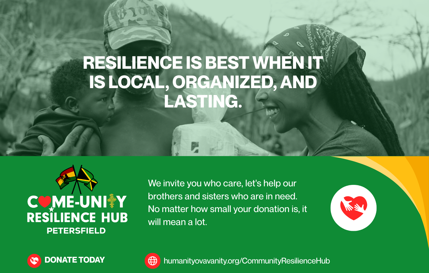 Smiling woman with a headscarf handing a package to a man holding a child, with text promoting local community resilience and a donation call for Petersfield's Community Resilience Hub.