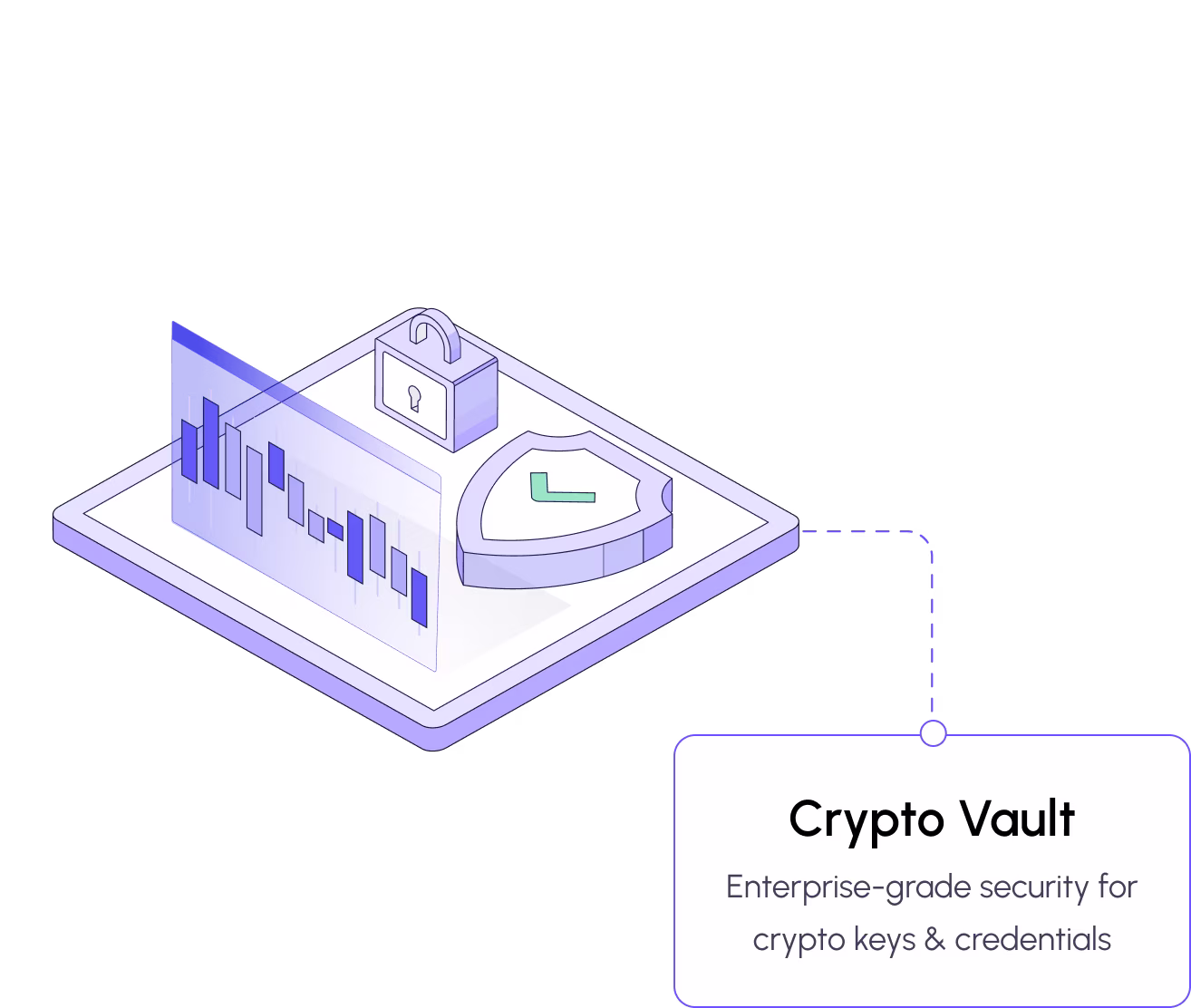 Isometric graphic of a digital lock, shield, and data chart representing crypto vault security.