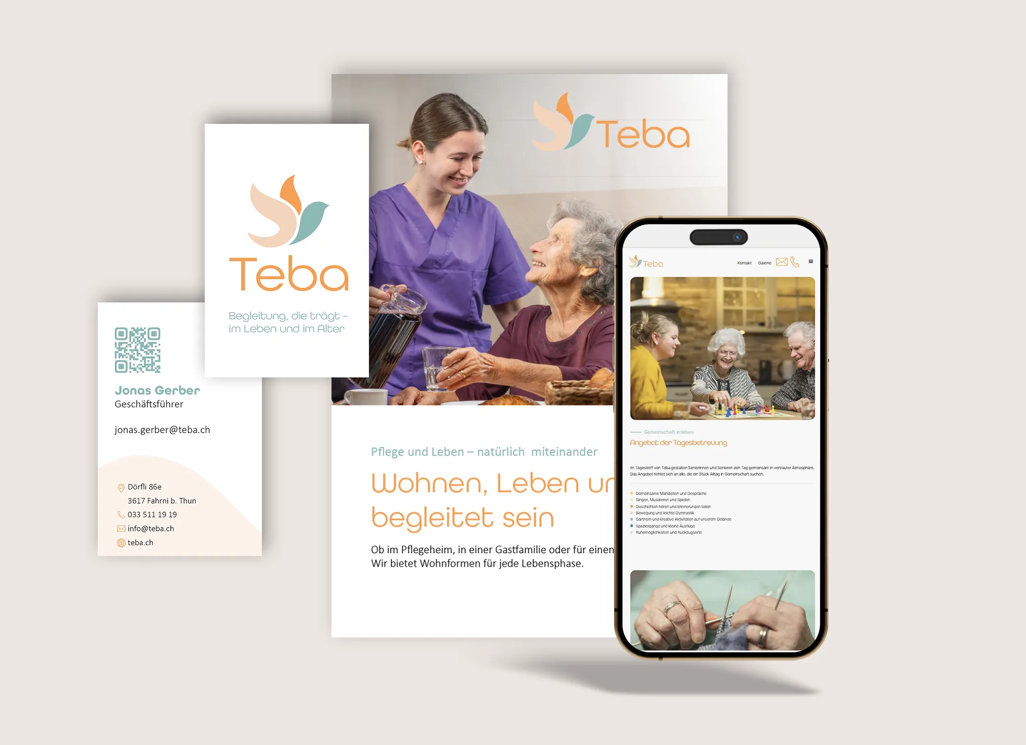 Visitenkarten, Flyer und Handy mit der Website von Teba AG als Referenz für Branding für das Alter- und Pflegeheim.