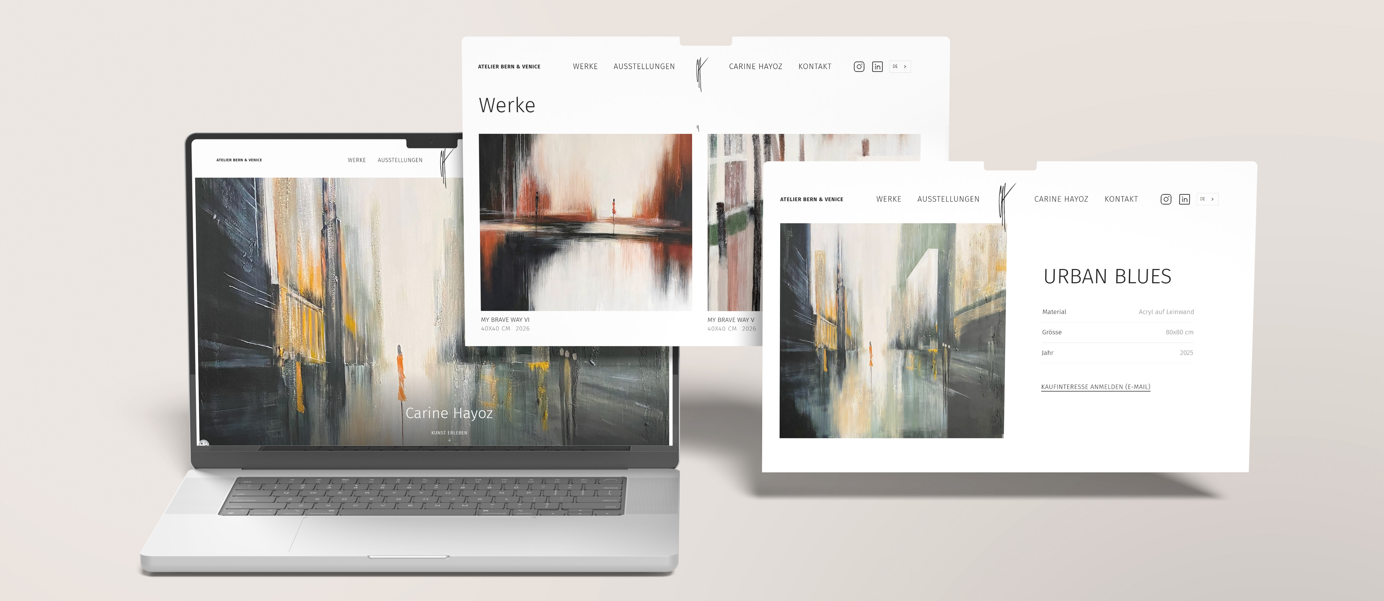 Ein Laptop mit 3 Websitenfenster, die die Website von der Künstlerin Carine Hayoz zeigt. Es sind Ihre Werke drauf zu sehen sowie das neue Logo aus ihrer Handsignatur.