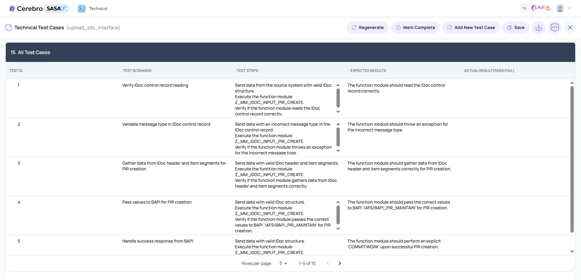 SASA Technical Unit Test (TUT) Generation interface
