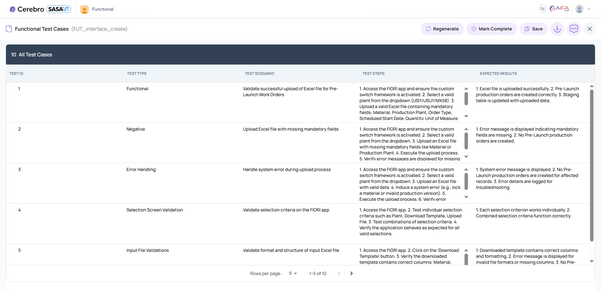SASA Functional Unit Test (FUT) Creation interface