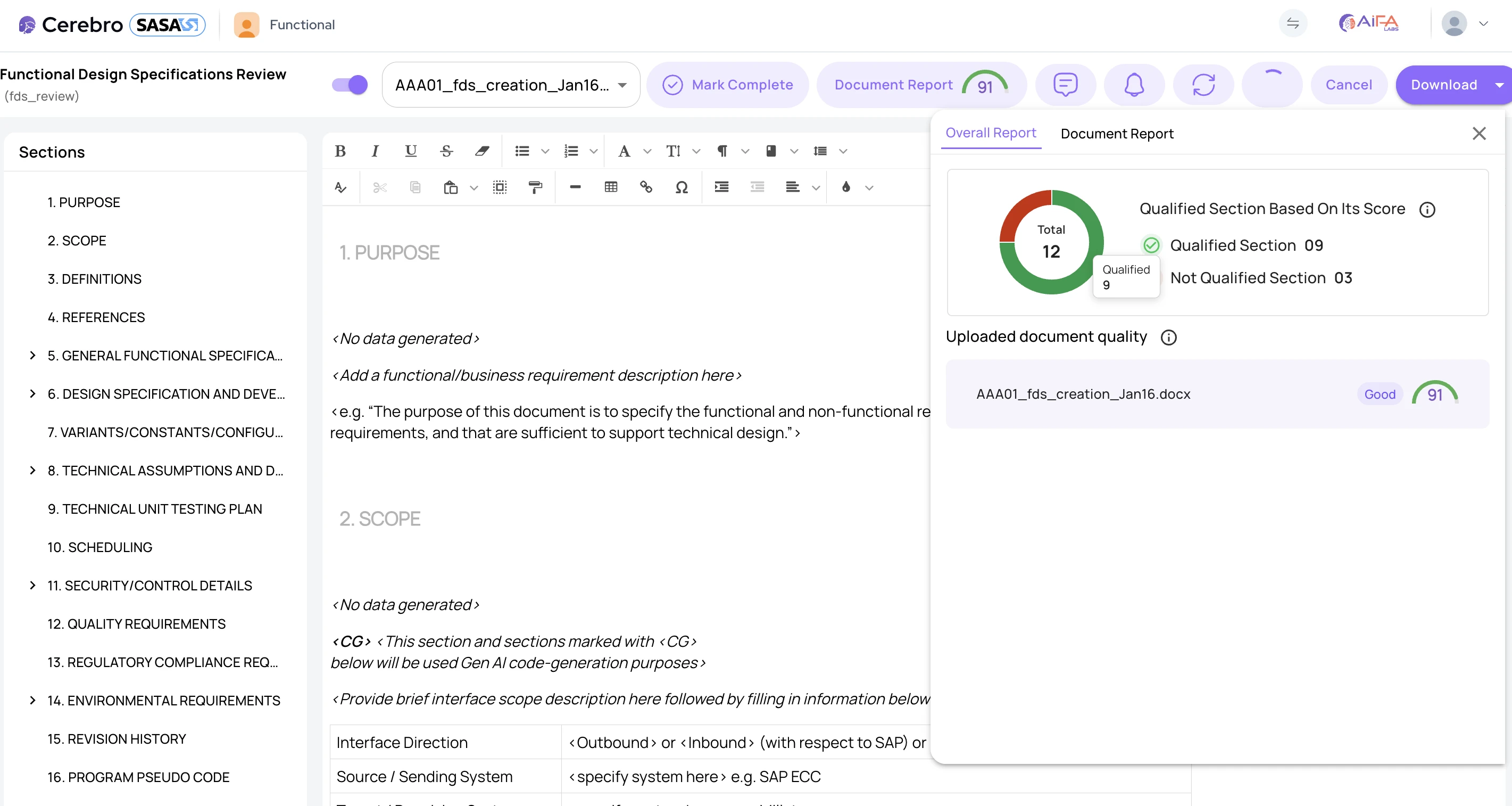 SASA Design Document Quality Checker interface
