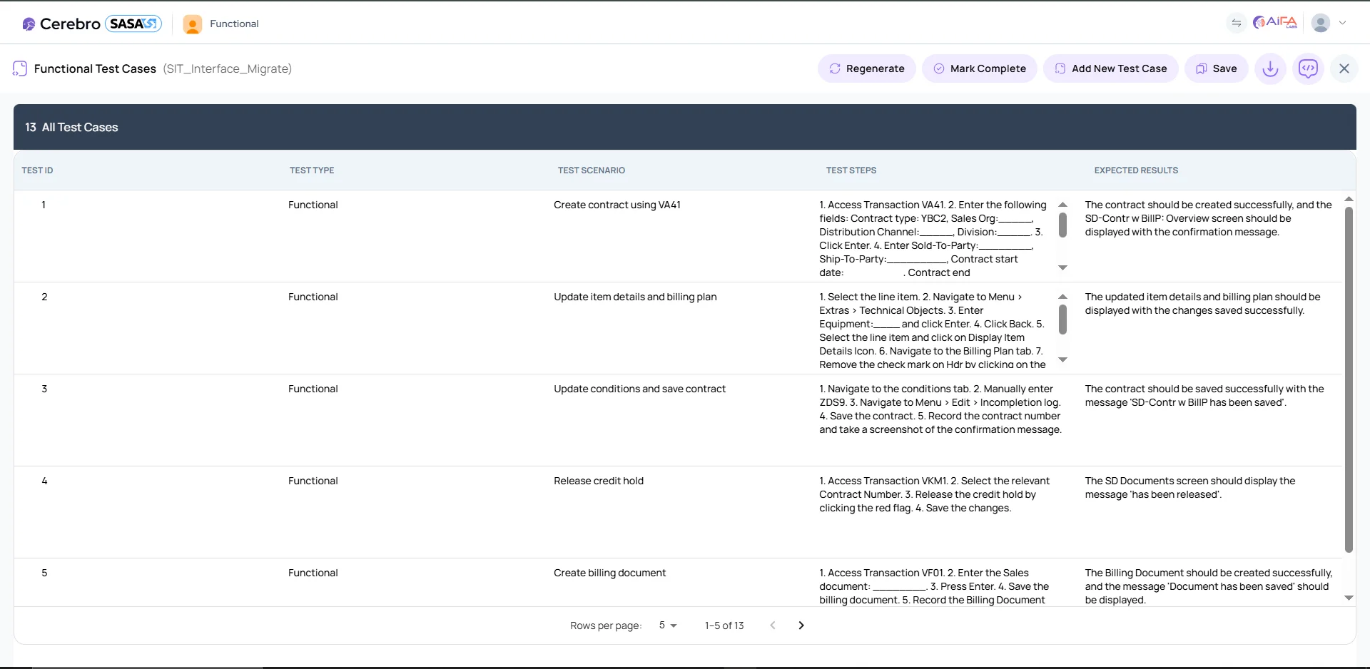 SASA System Integration Test (SIT) Migration interface
