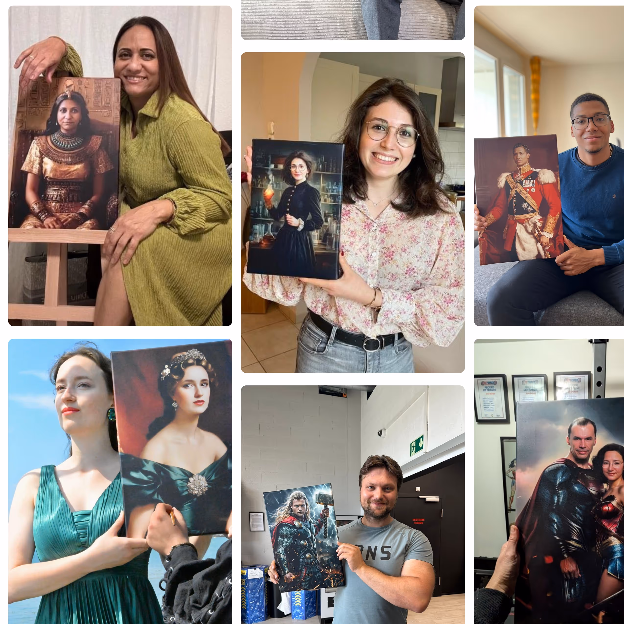 Clients heureux montrant leurs portraits personnalisés EpicPortrait sur différents styles