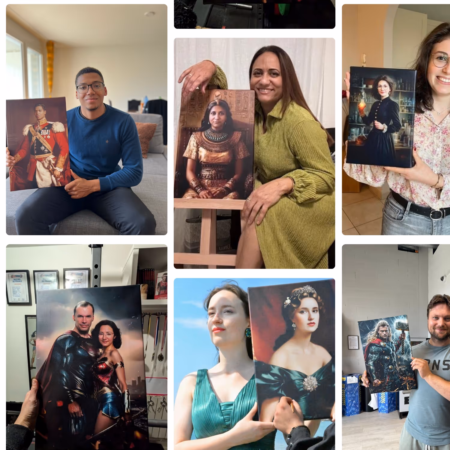 Clients souriants posant avec leurs portraits personnalisés EpicPortrait