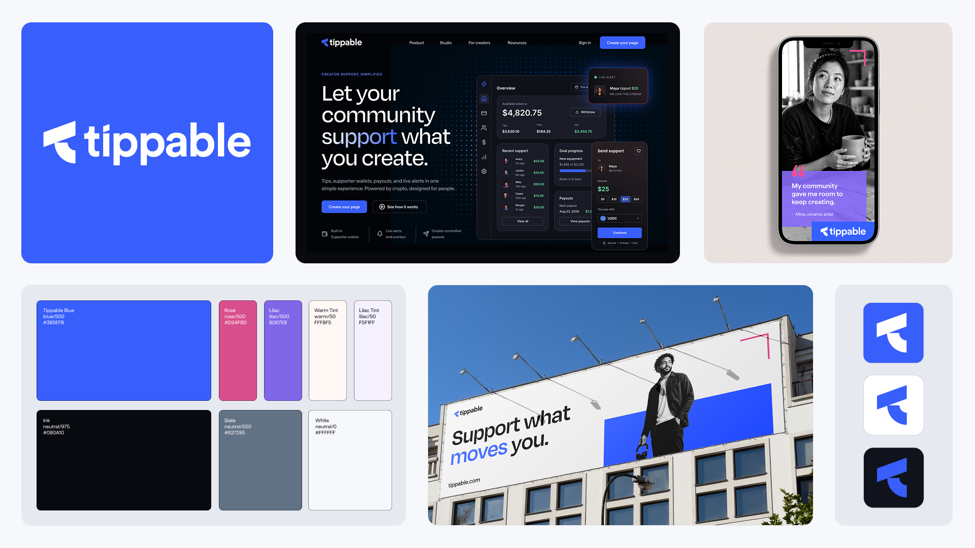 A visual overview of various elements of the Tippable visual identity, from logo, to website homepage hero, a mobile ad, color palette, a billboard, and app icon treatements.
