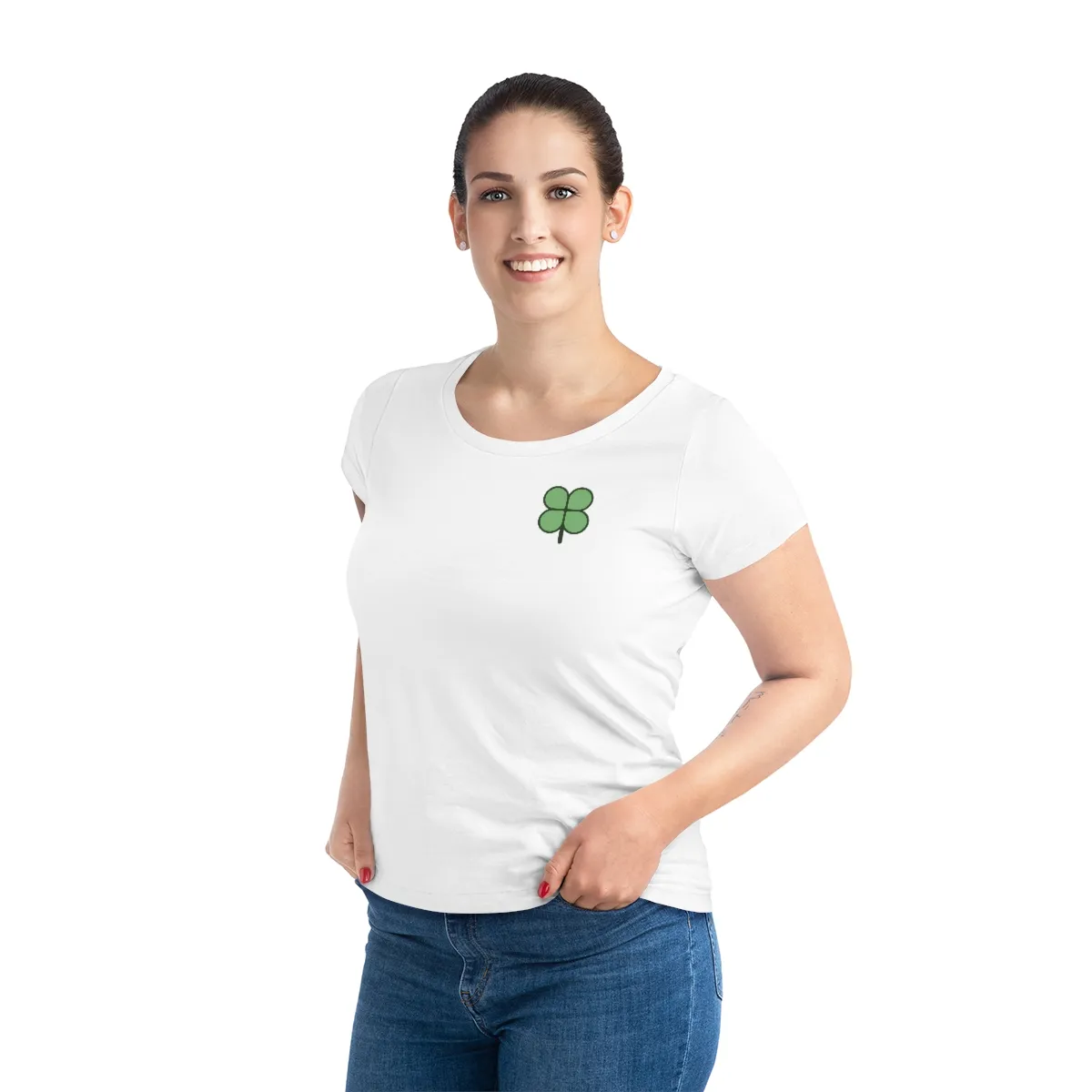 Woman wearing a white T-shirt with a green four clover logo placed on the top right corner.