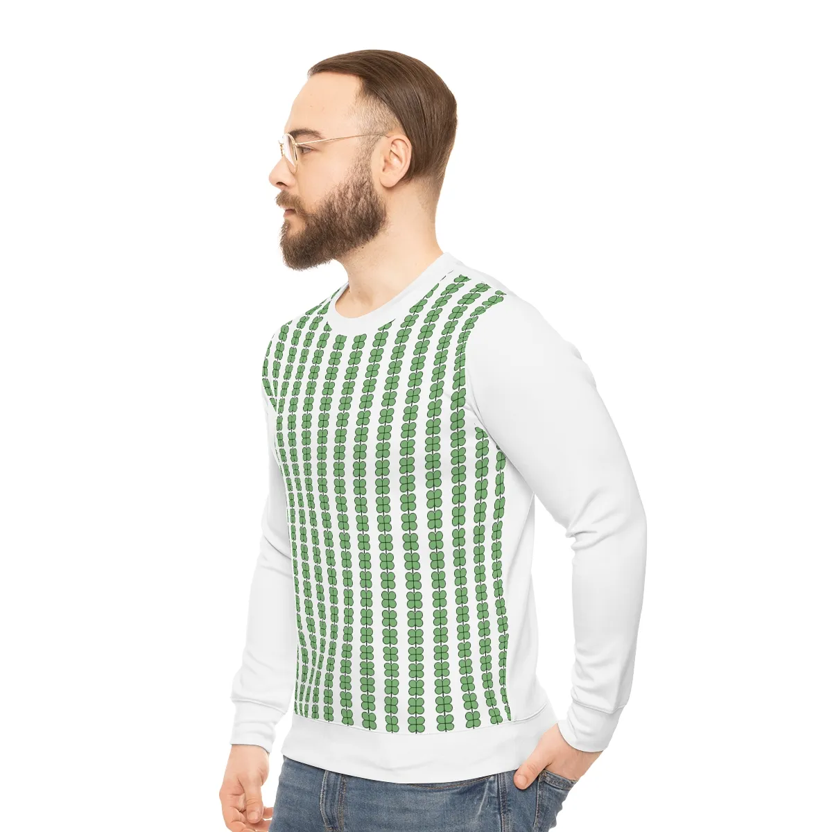 Man with white sweater with green four clover pattern and plain white arms.