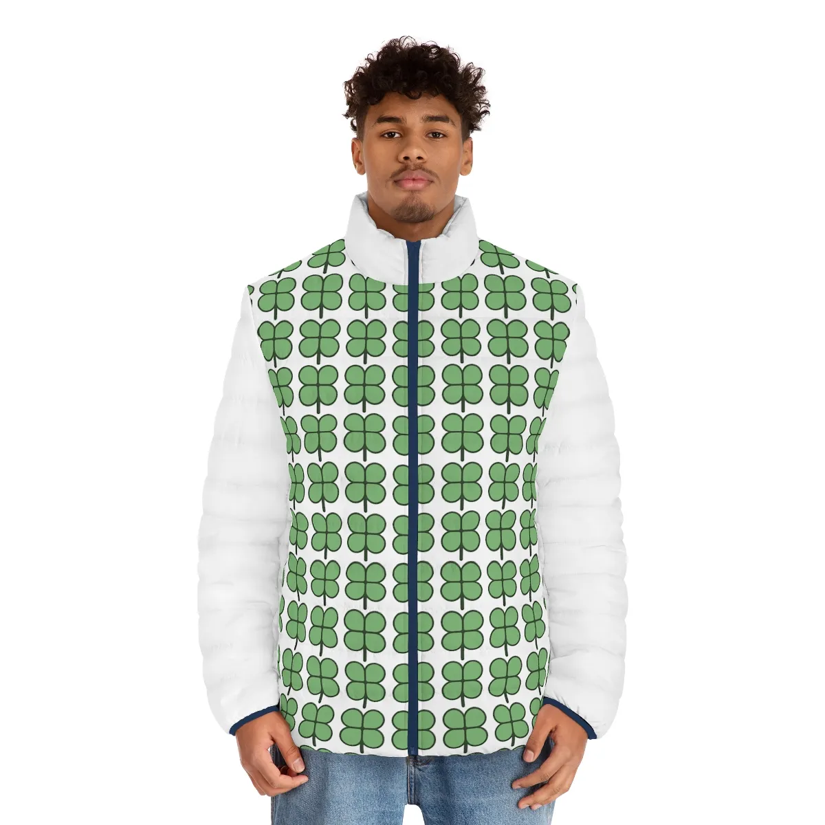 man wearing cool jacket with white arms and green four clover pattern.