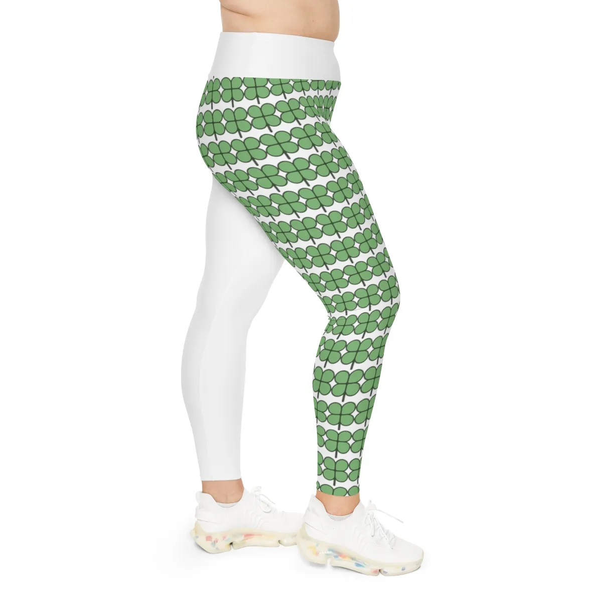 Tights with green four clover pattern on one leg and one leg white.