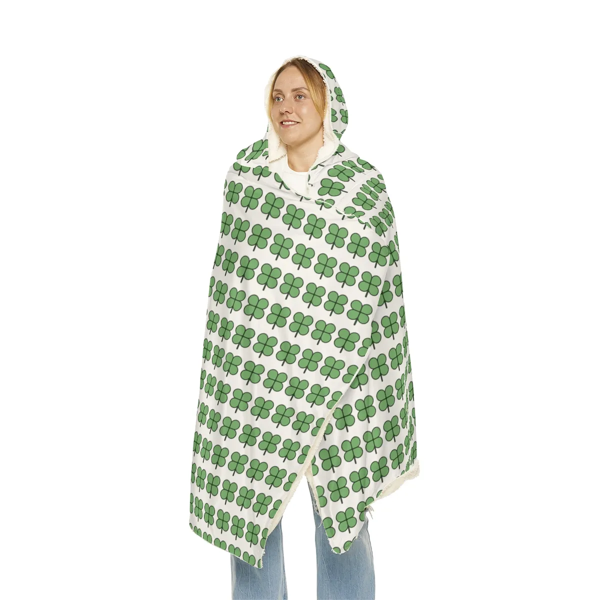 Hooded snuggle blanket, white with green four clover pattern.