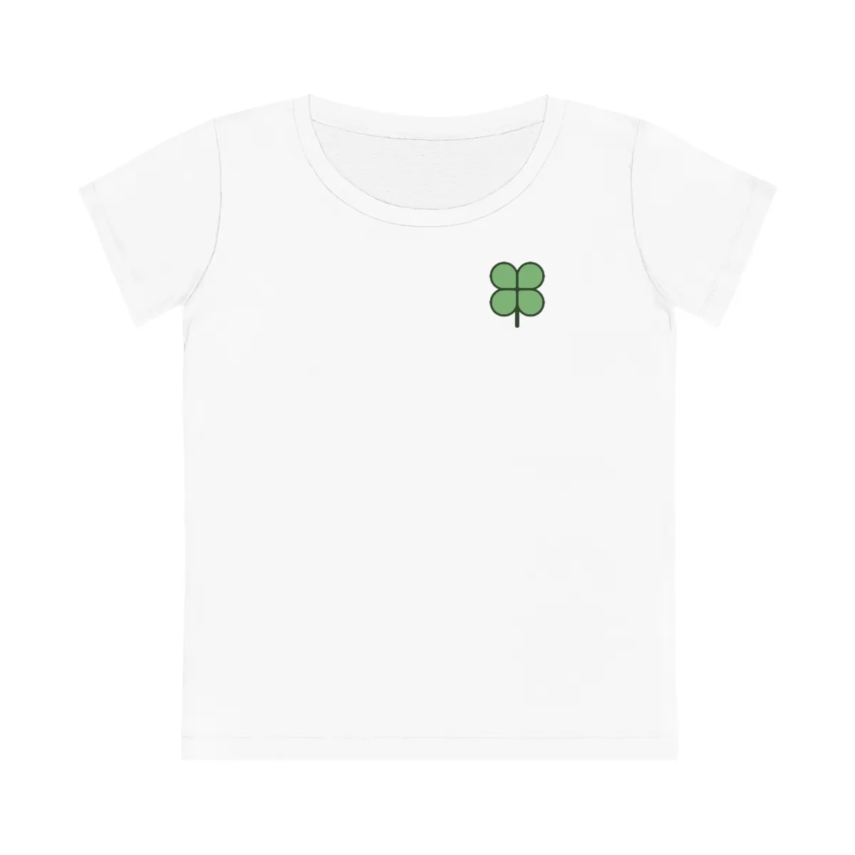Womans t-shirt front. White with a lucky clover logo on the top left corner