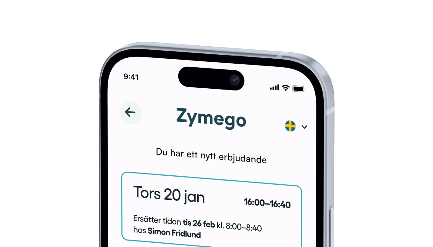 Mobilskärm visar Zymego-appen med nytt erbjudande för torsdag 20 januari 16:00–16:40, som ersätter tid tisdag 26 februari 8:00–8:40 hos Simon Fridlund.