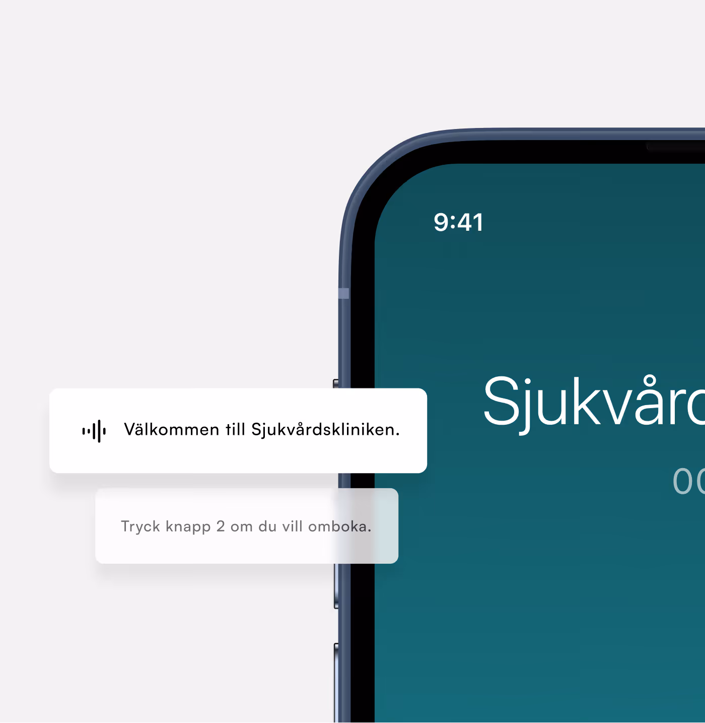 Närbild av en mobiltelefonskärm med en röstmeddelanderuta som säger 'Välkommen till Sjukvårdskliniken' och en instruktion om att trycka på knapp 2 för att omboka.
