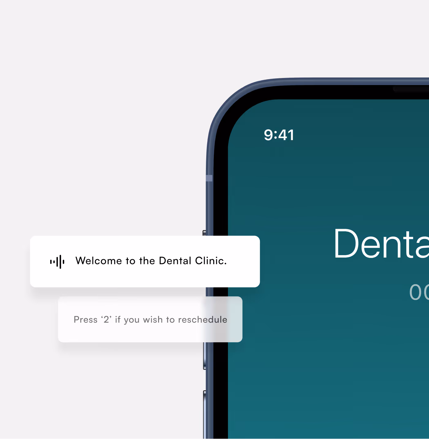 Mobilskärm med textmeddelande hälsar välkommen till tandkliniken och instruktion att trycka '2' för ombokning.