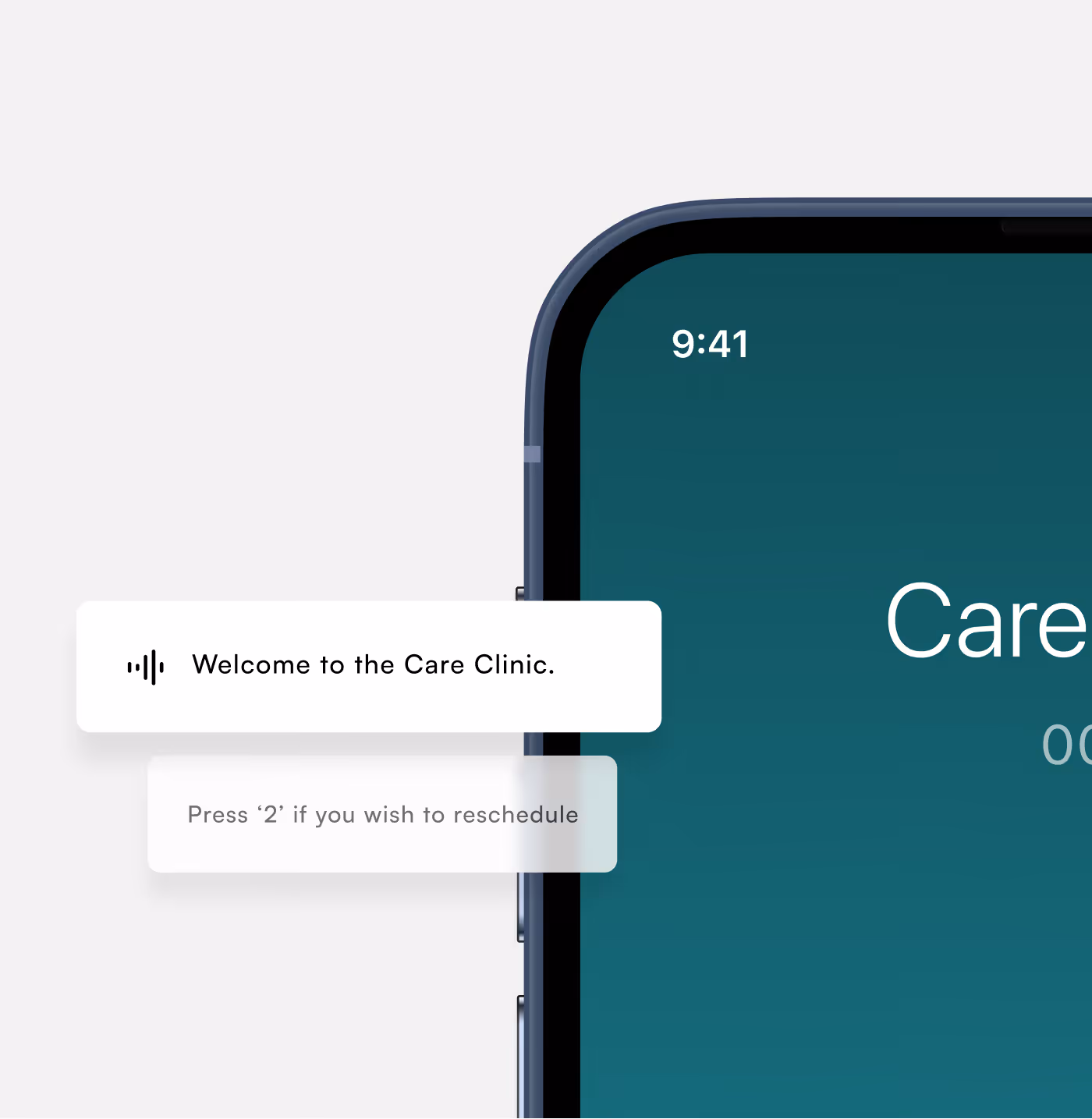 Närbild av en telefonskärm som visar ett samtal med Care Clinic och meddelanden för att välkomna och instruera om att trycka '2' för att boka om.