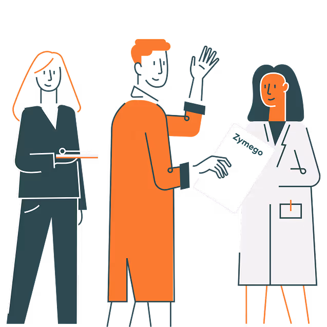 Tre personer, inklusive en man som vinkar och en kvinna i labbrock med ett dokument märkt Zymego.