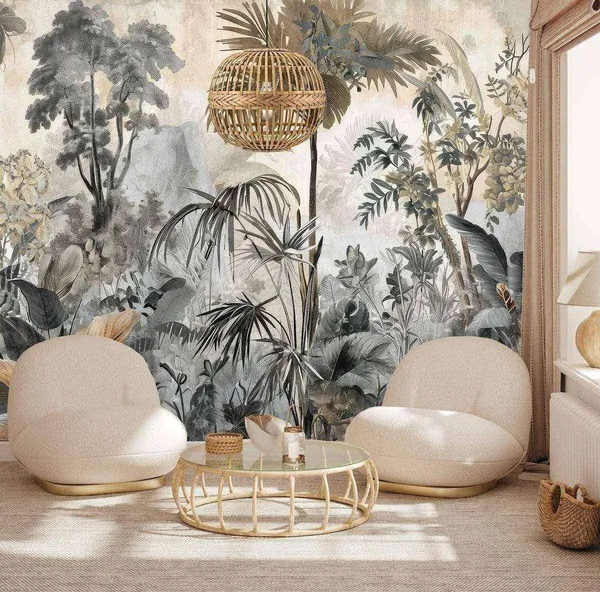 foto tapeta šume u boho stilu na zidu iza dve fotelje