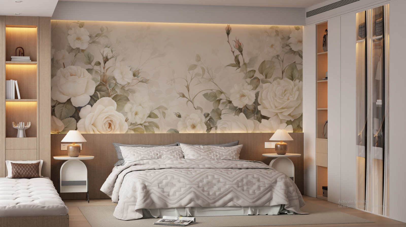 tapeta po meri sa motivom ruža i cveća u spavaćoj sobi 