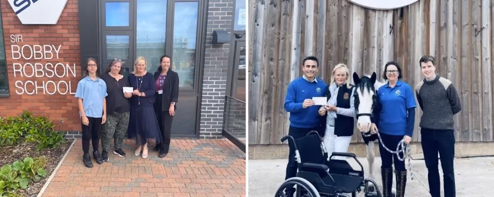 photo of the sir bobby robson school receiving a chesque from the national disability card plus t