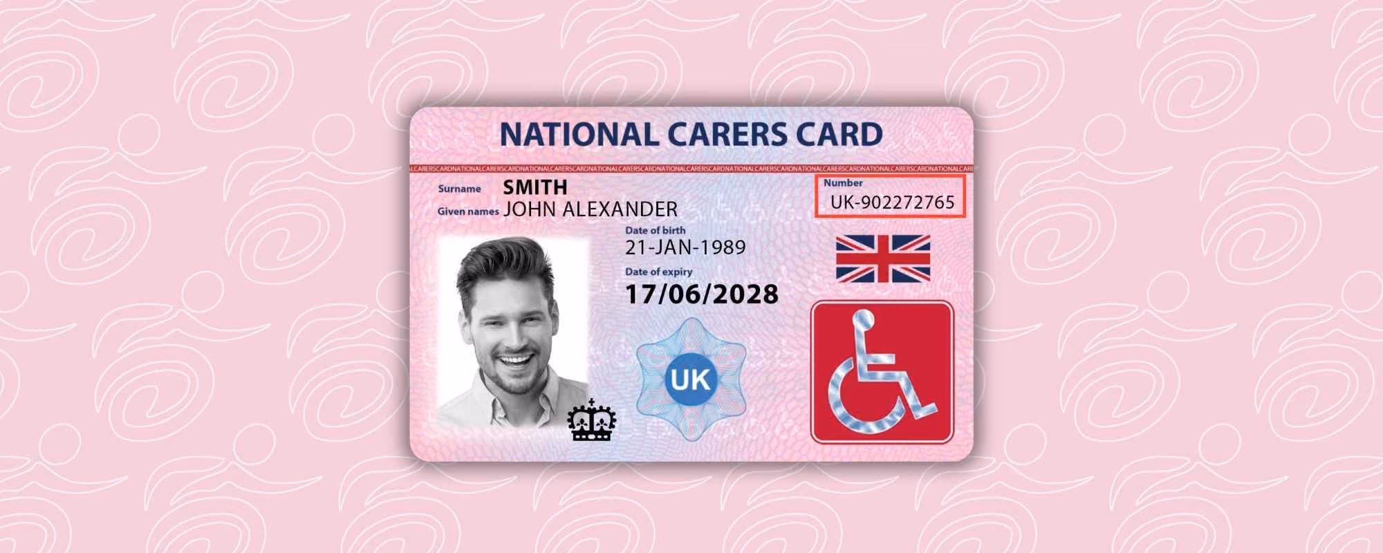 graphic showing the national carers card with the card number outlined in red