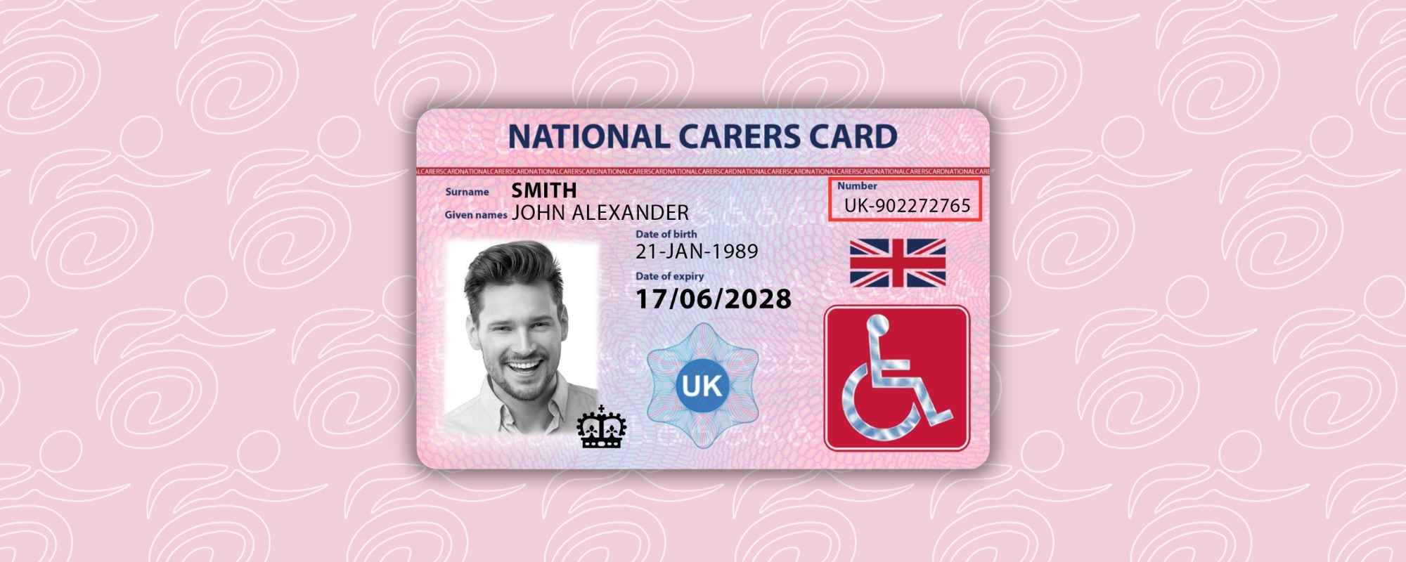 graphic showing the national carers card with the card number outlined in red