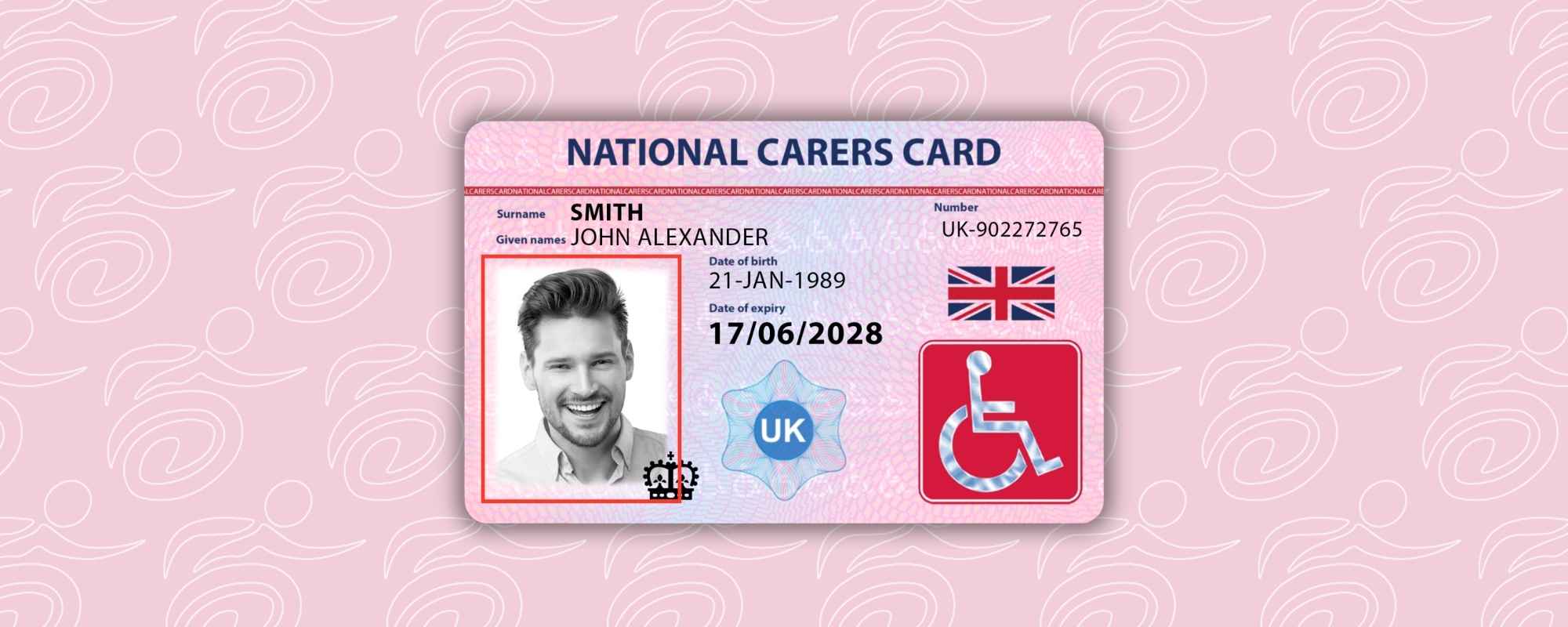 graphic showing the national carers card with the card holder photo outlined in red