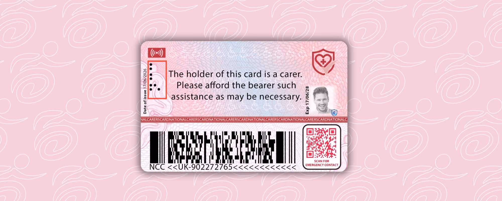 graphic showing the national carers card with the braille initials NCC outlined in red