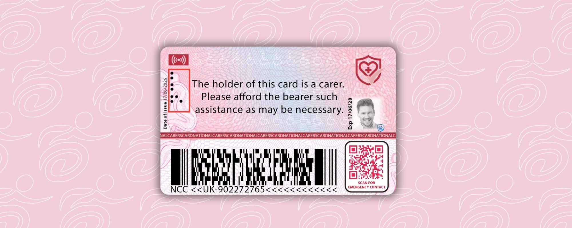 graphic showing the national carers card with the braille initials NCC outlined in red