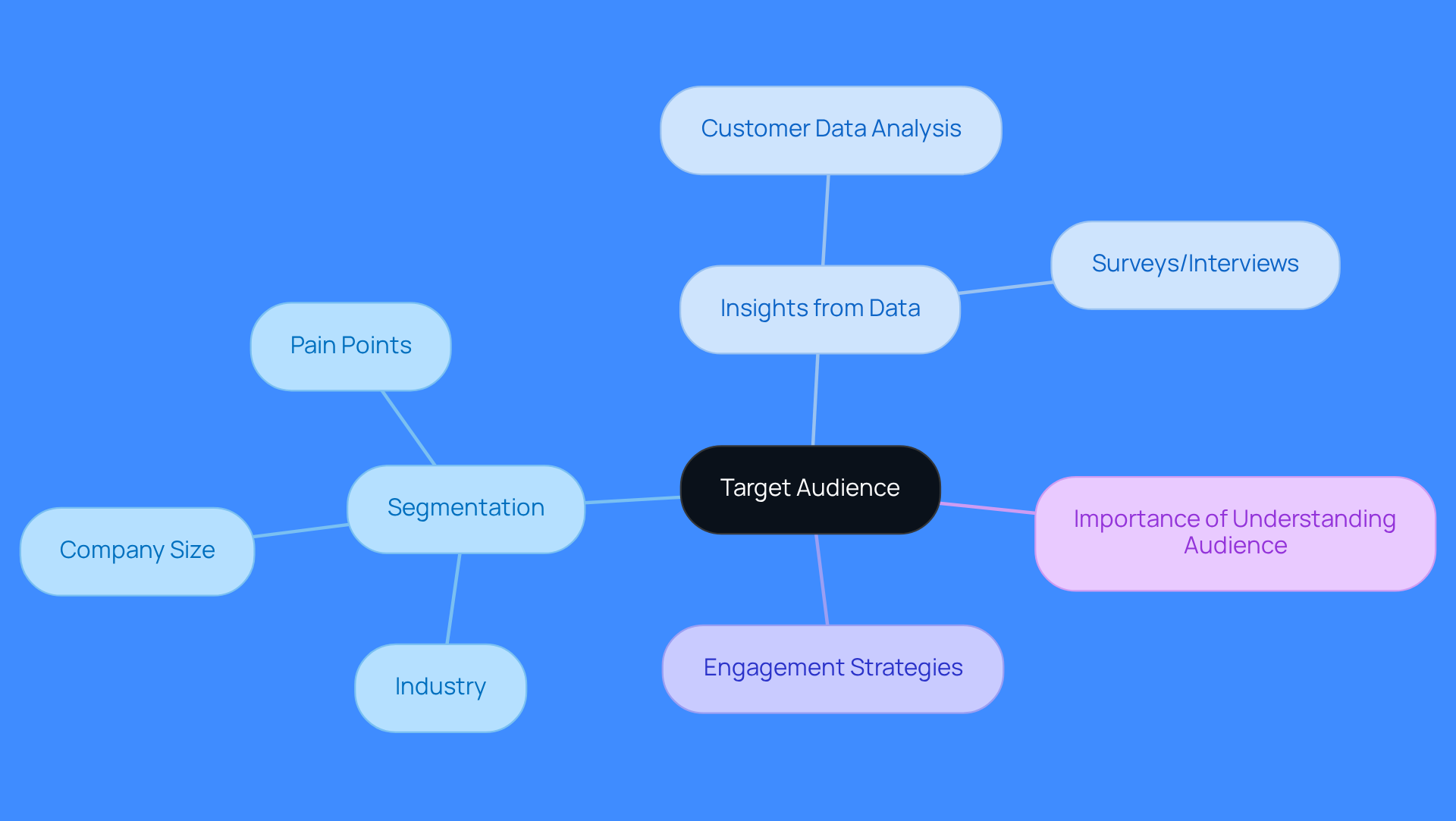 The central node represents the main focus on understanding your audience. Each branch shows different aspects of how to identify and engage with your target market, making it easier to see the connections and strategies involved. The central node represents the main focus on understanding your audience. Each branch shows different aspects of how to identify and engage with your target market, making it easier to see the connections and strategies involved.