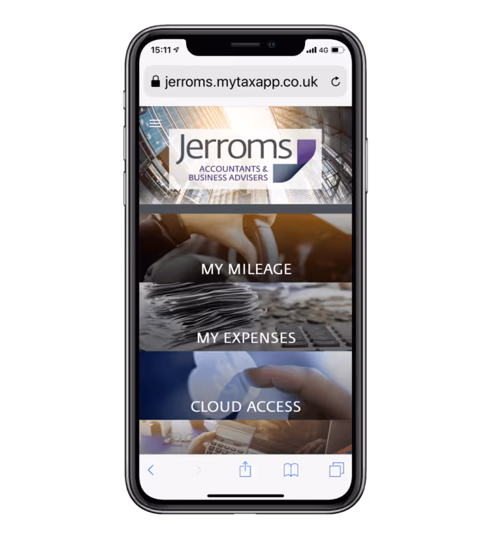 Smartphone screen displaying Jerroms tax app webpage with options for My Mileage, My Expenses, and Cloud Access.