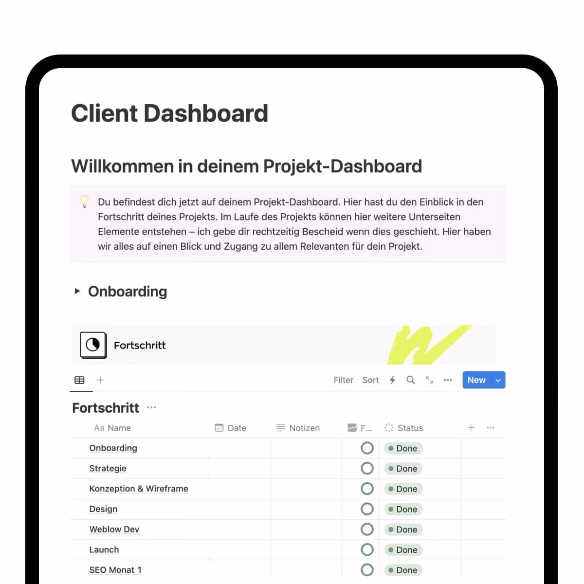 Ansicht vom Client Dashboard beim Projekt mit einem Webflow Freelancer