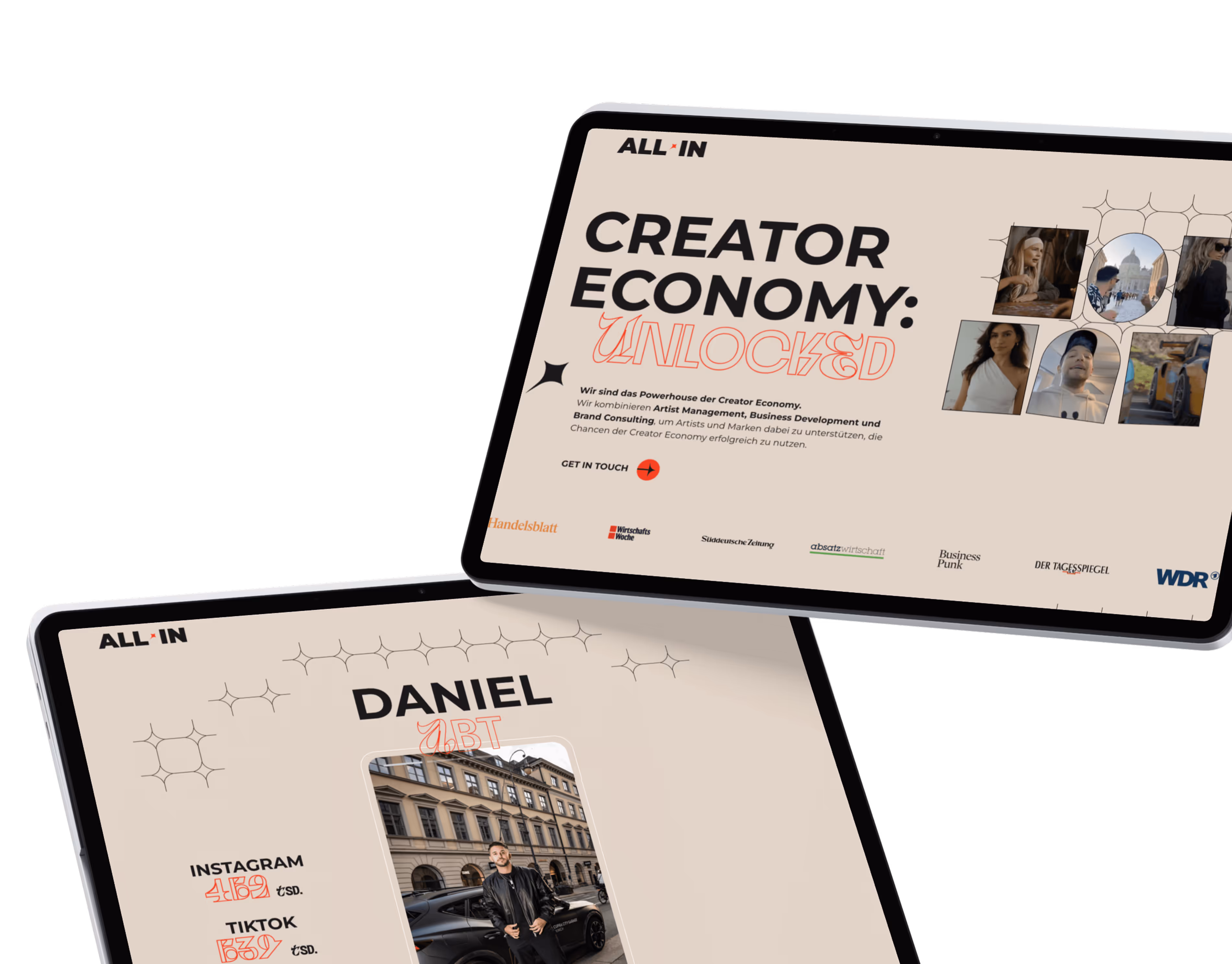 Zwei Tablets zeigen die Creator Management Website gebaut in Webflow