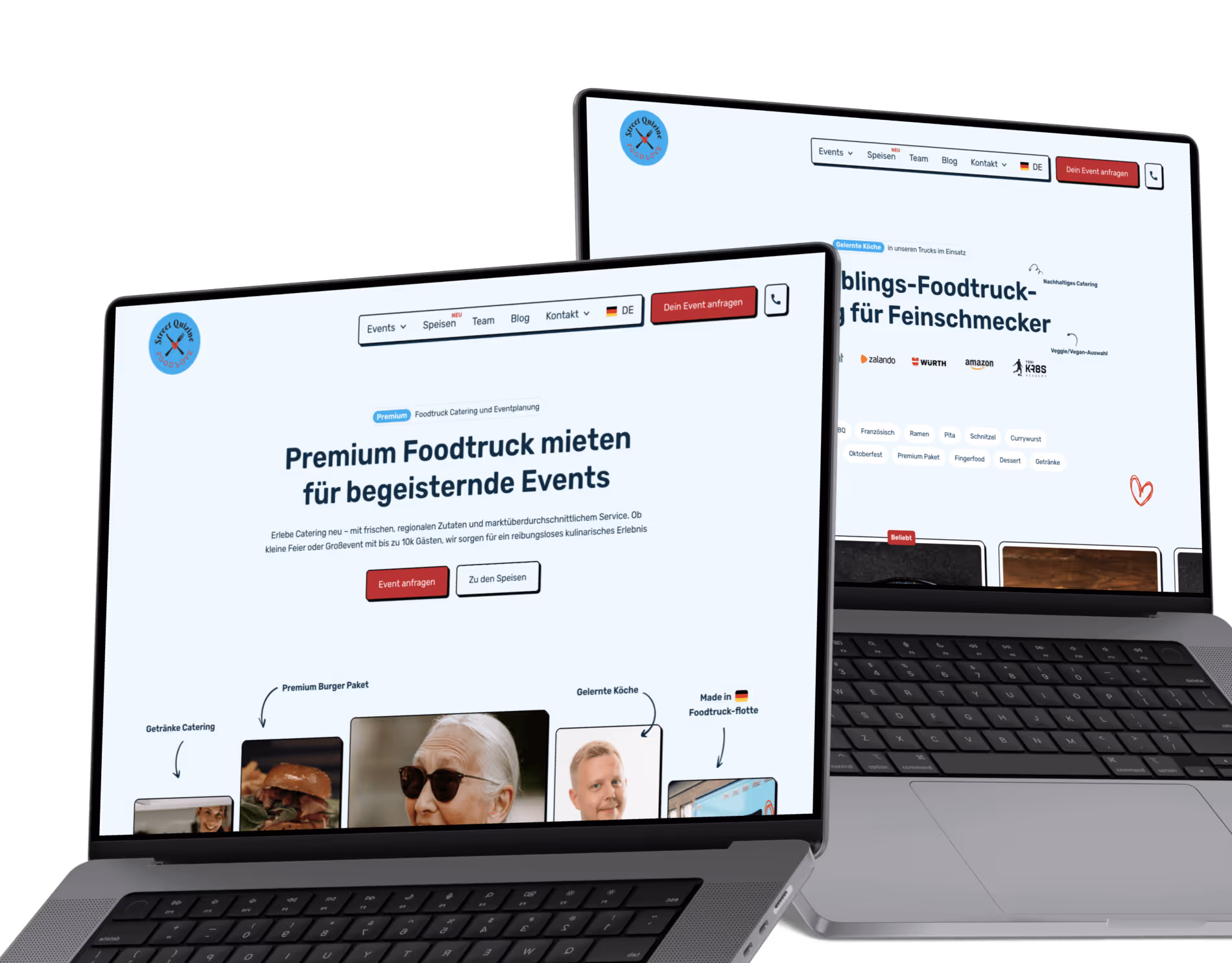 Zwei Laptop-Bildschirme zeigen eine deutsche Website für Premium-Foodtrucks, entwickelt mit Webflow