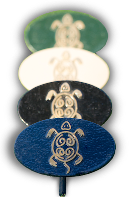 Cast bronze logo tee markers, blue, black, green, white