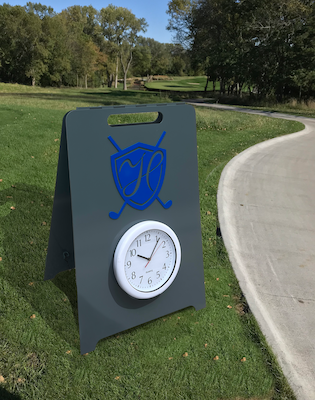 Aluminum a frame with clock and aluminum overlay