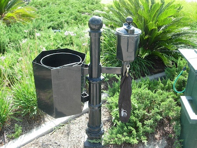 Hexagon trashcan and ball washer attached to custom post