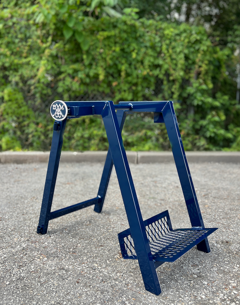 blue bag stand with custom branding