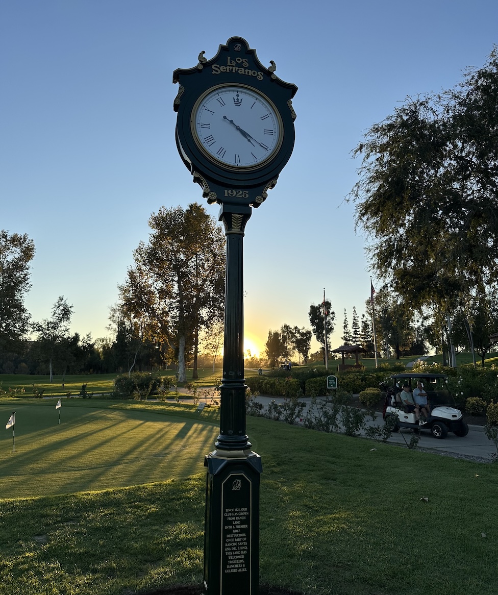 custom golf clock with course name in cut aluminum and cast metal memorial plaque and logo